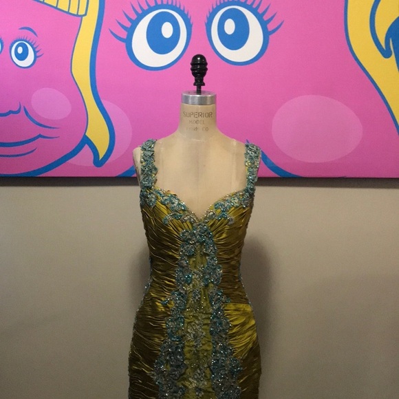 Vintage Lime Green Blue Lace Silk Satin Gown